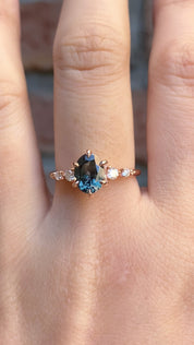 Estel Fleur Six Prongs Ring 1.48ct Blue Green Oval African Sapphire, 14K Rose Gold (One of a kind)