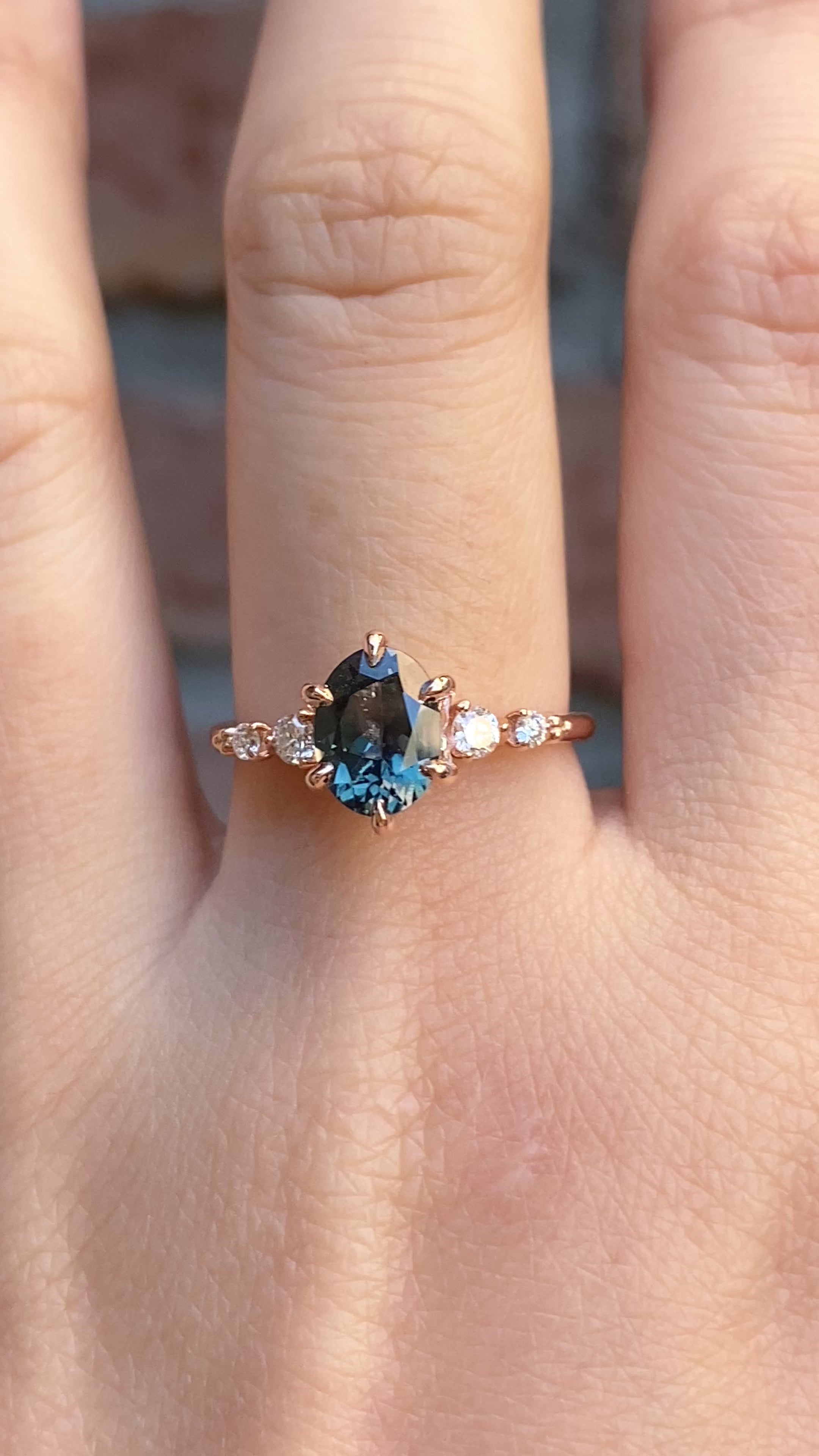 Estel Fleur Six Prongs Ring 1.48ct Blue Green Oval African Sapphire, 14K Rose Gold (One of a kind)