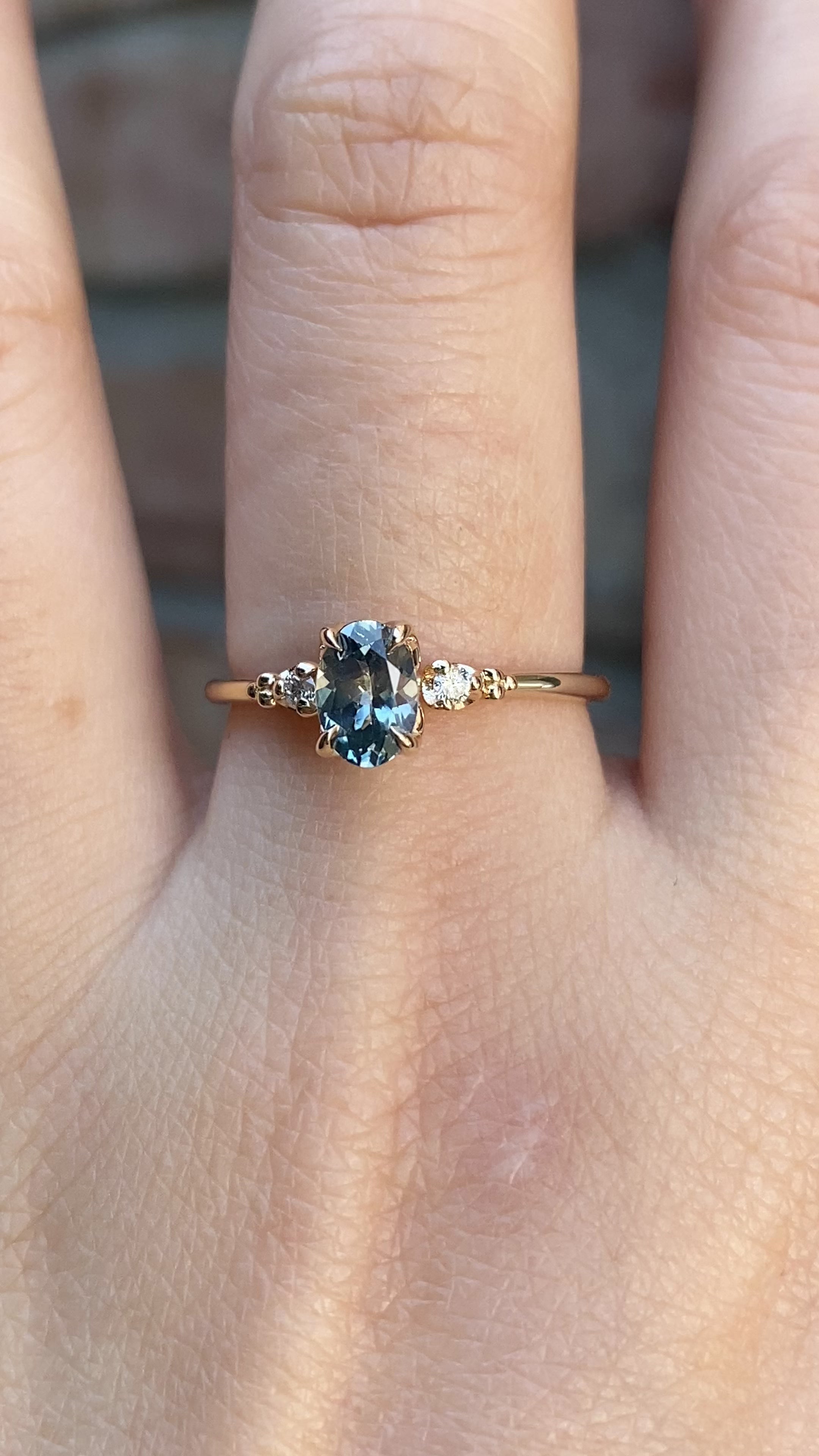 Estel Ring 6.5mm Oval Light Blue Green Montana Sapphire 14K Yellow Gold