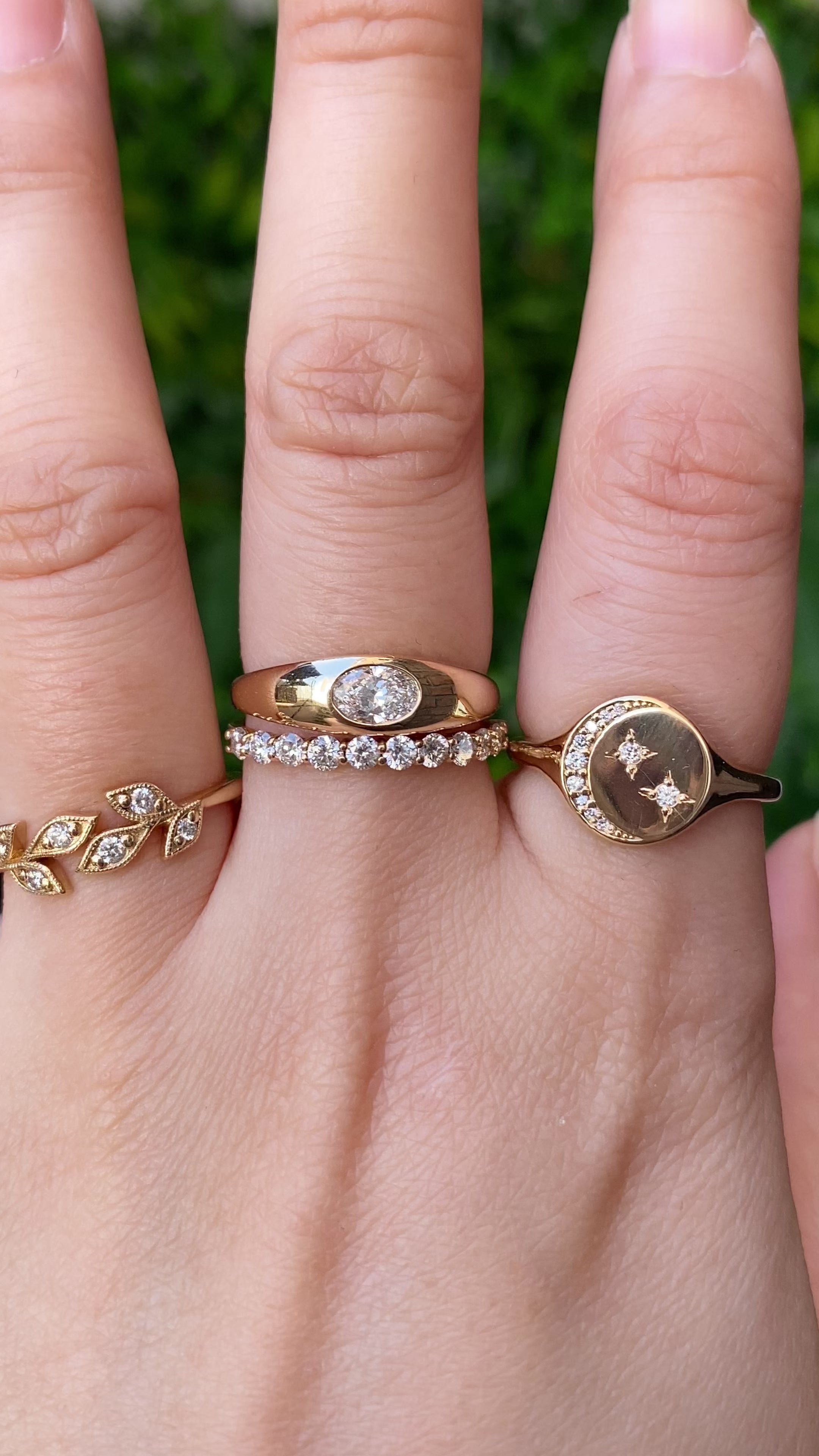 Crescent Moon Diamond Star Signet Ring