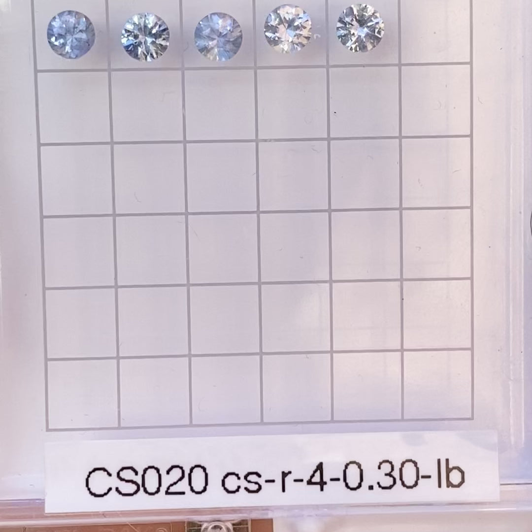 A series of round blue sapphires, set in a row, displayed in a hexagonal white box with each labeled A to E.