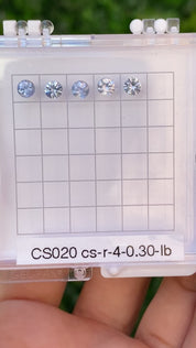 A series of round blue sapphires, set in a row, displayed in a hexagonal white box with each labeled A to E.