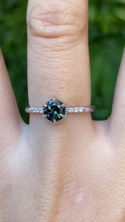 Grace Ring 5.5mm 0.77ct Part Blue Green Round Queensland Sapphire, 14k White Gold (One of a kind)