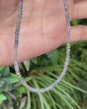 Blue-green natural Montana sapphire beaded necklace with 14K gold accent beads