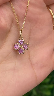 14K Gold Pink Sapphire Four Heart Clover Charm