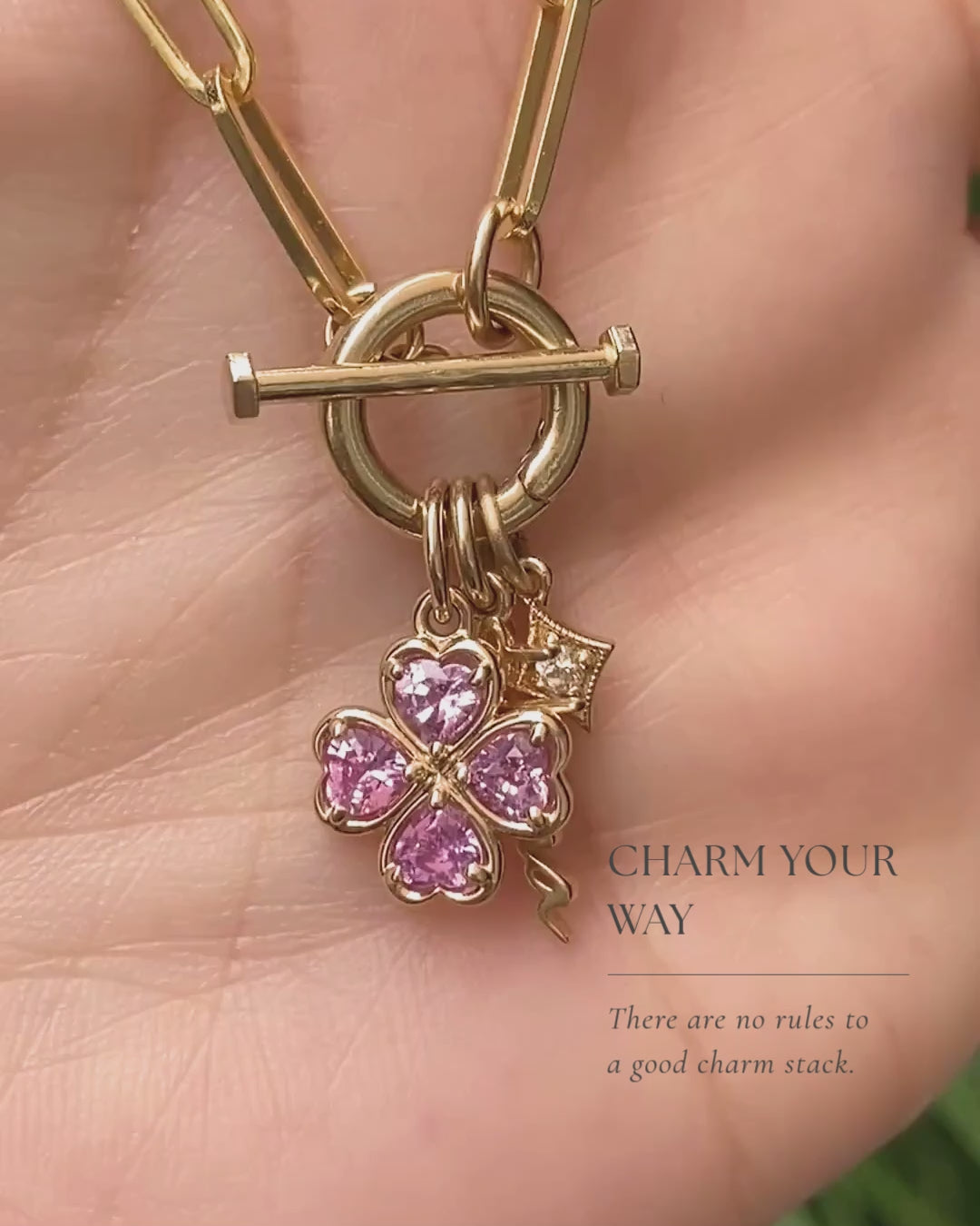 14K Gold Pink Sapphire Four Heart Clover Charm