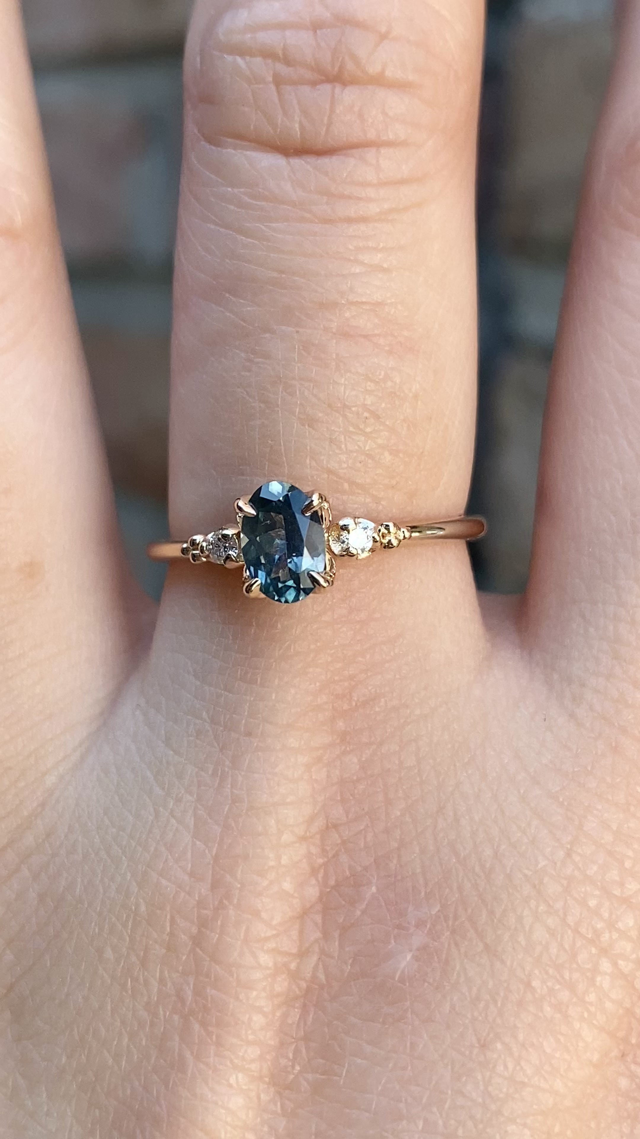 Estel Ring 6.5mm Oval Blue Green Montana Sapphire 14K Yellow Gold
