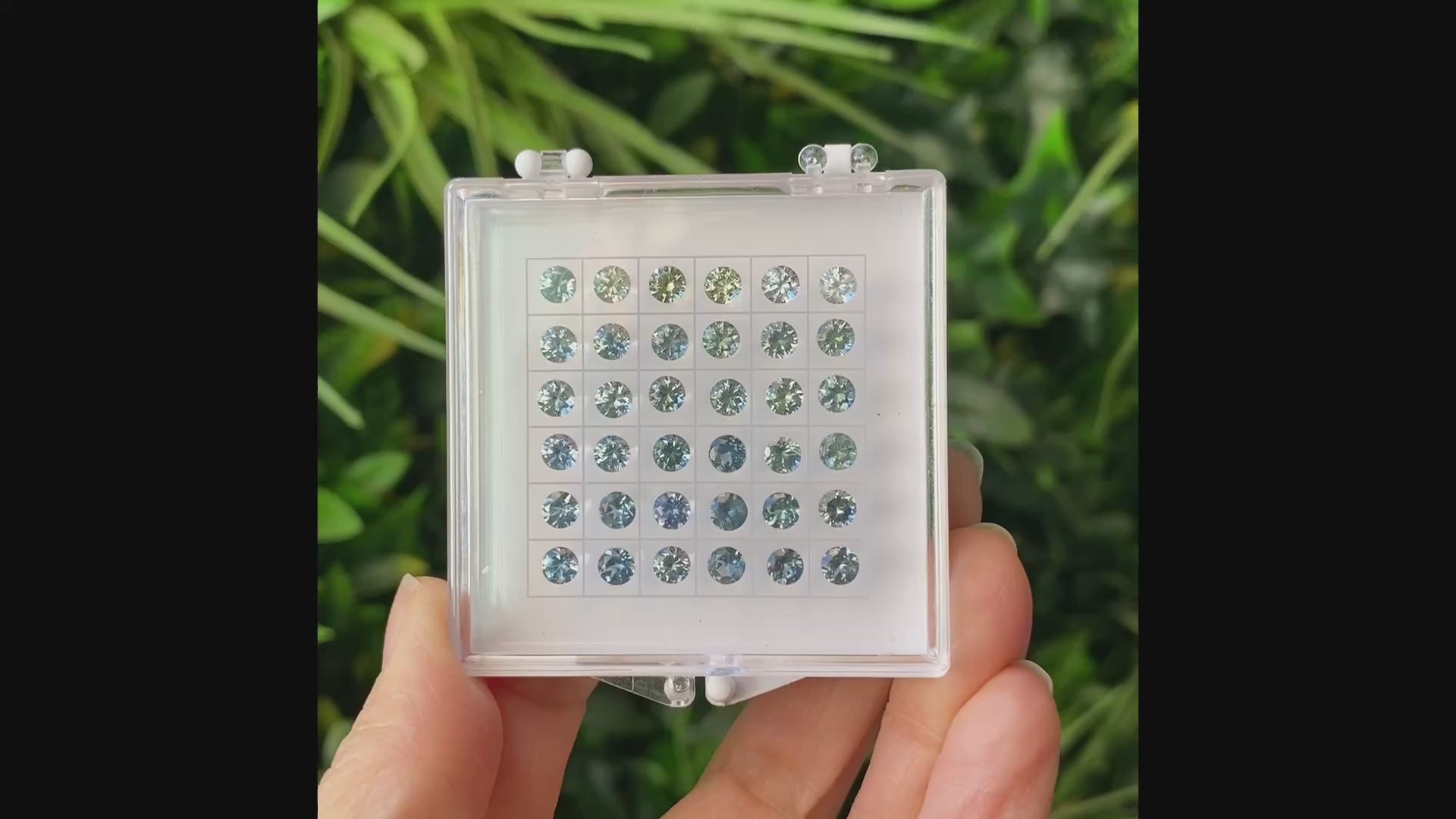 Video of different blue green shades of 4mm 0.30ct Montana sapphires in natural lighting