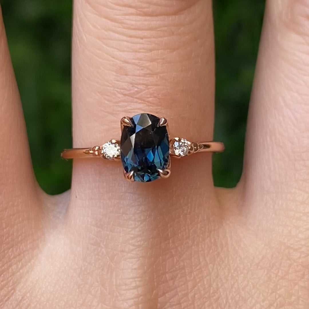 Video captures the sapphire ring in indirect daylight to reflect the stone’s true tones and how it sparkles in motion.

