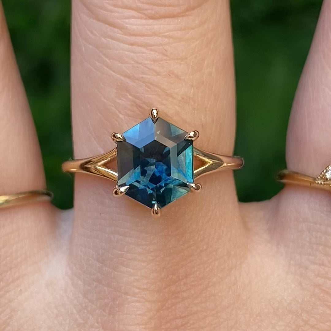 Hexagon shape sapphire solitaire gold ring