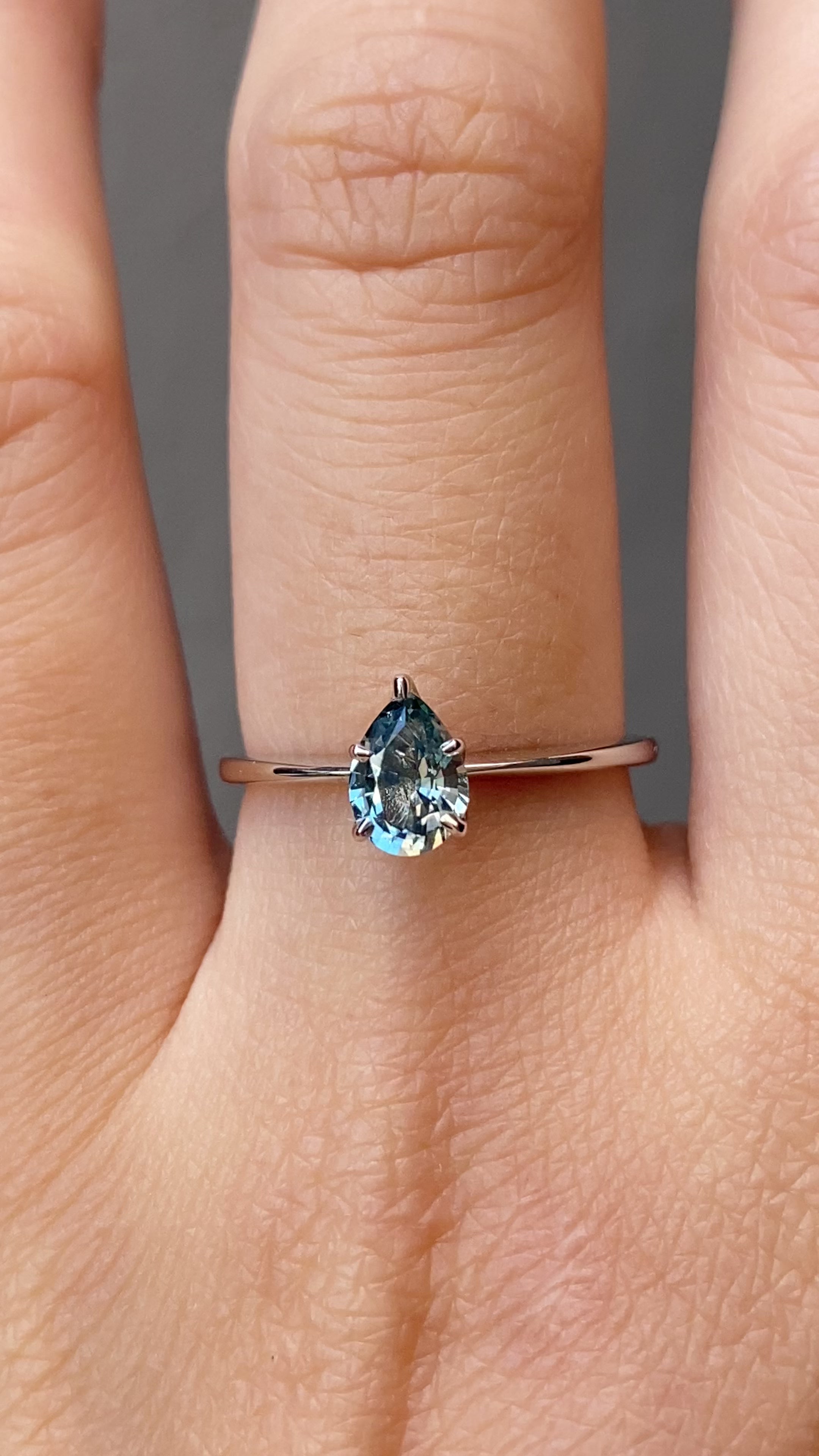 Sara Ring 0.74ct Light Blue Green Teardrop Montana Sapphire, 14k White Gold (One of a kind)