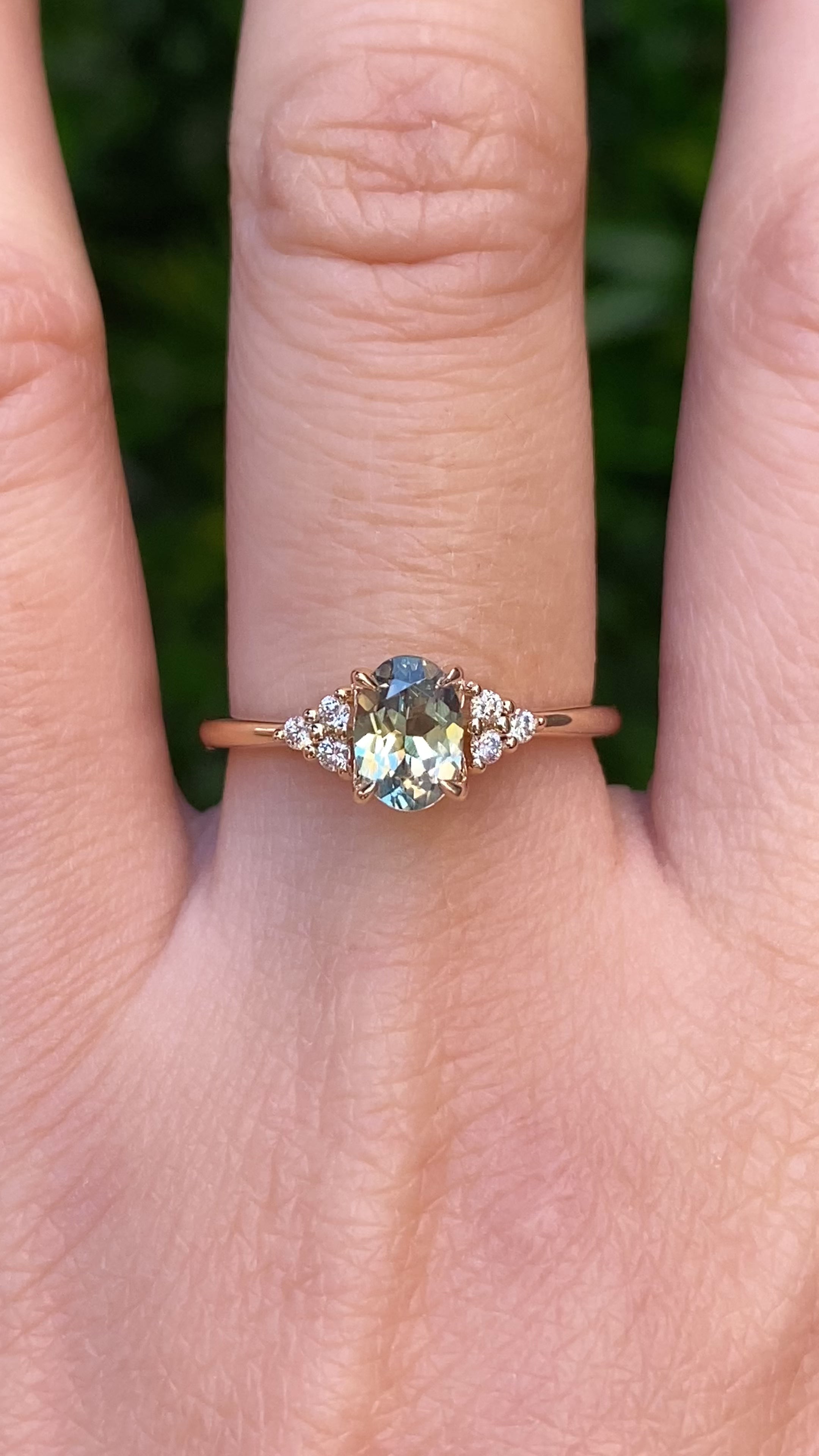 【一点物】テレサリング ・0.97ct・加熱モンタナ産ライトグリーンサファイア・K14YG