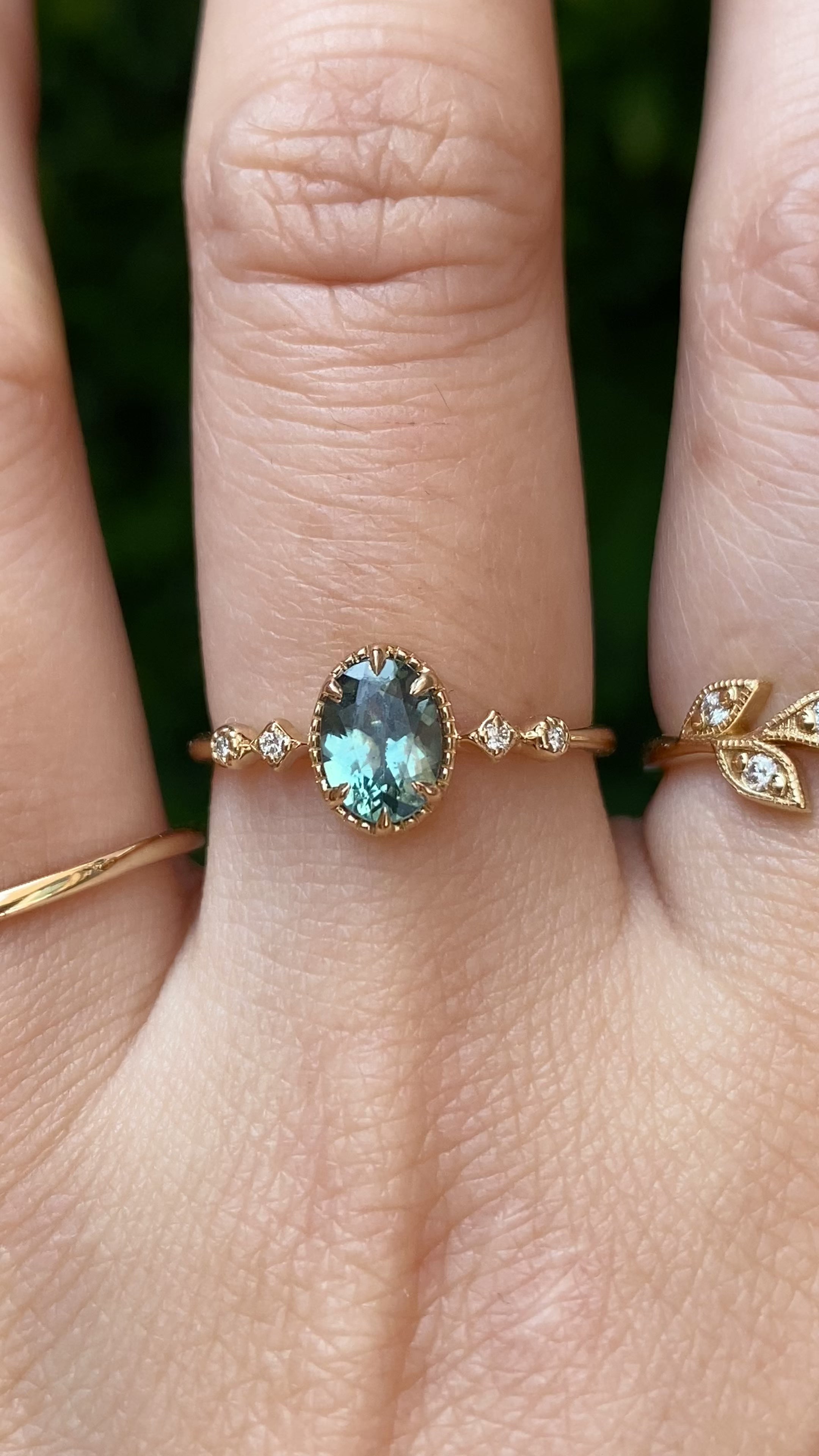 Stella Ring, 1.02ct Blue Green Montana Sapphire