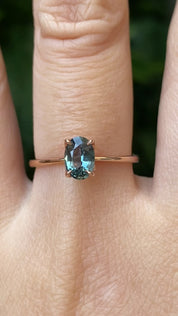 Sara Ring, 0.74ct Blue Green Madagascar Sapphire
