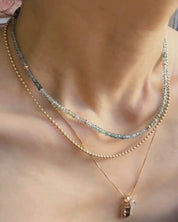 Blue-green natural Montana sapphire beaded necklace with 14K gold accent beads