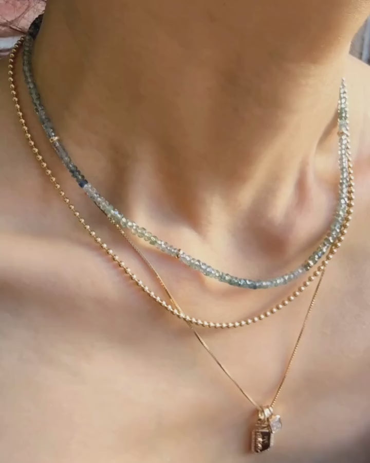 Blue-green natural Montana sapphire beaded necklace with 14K gold accent beads