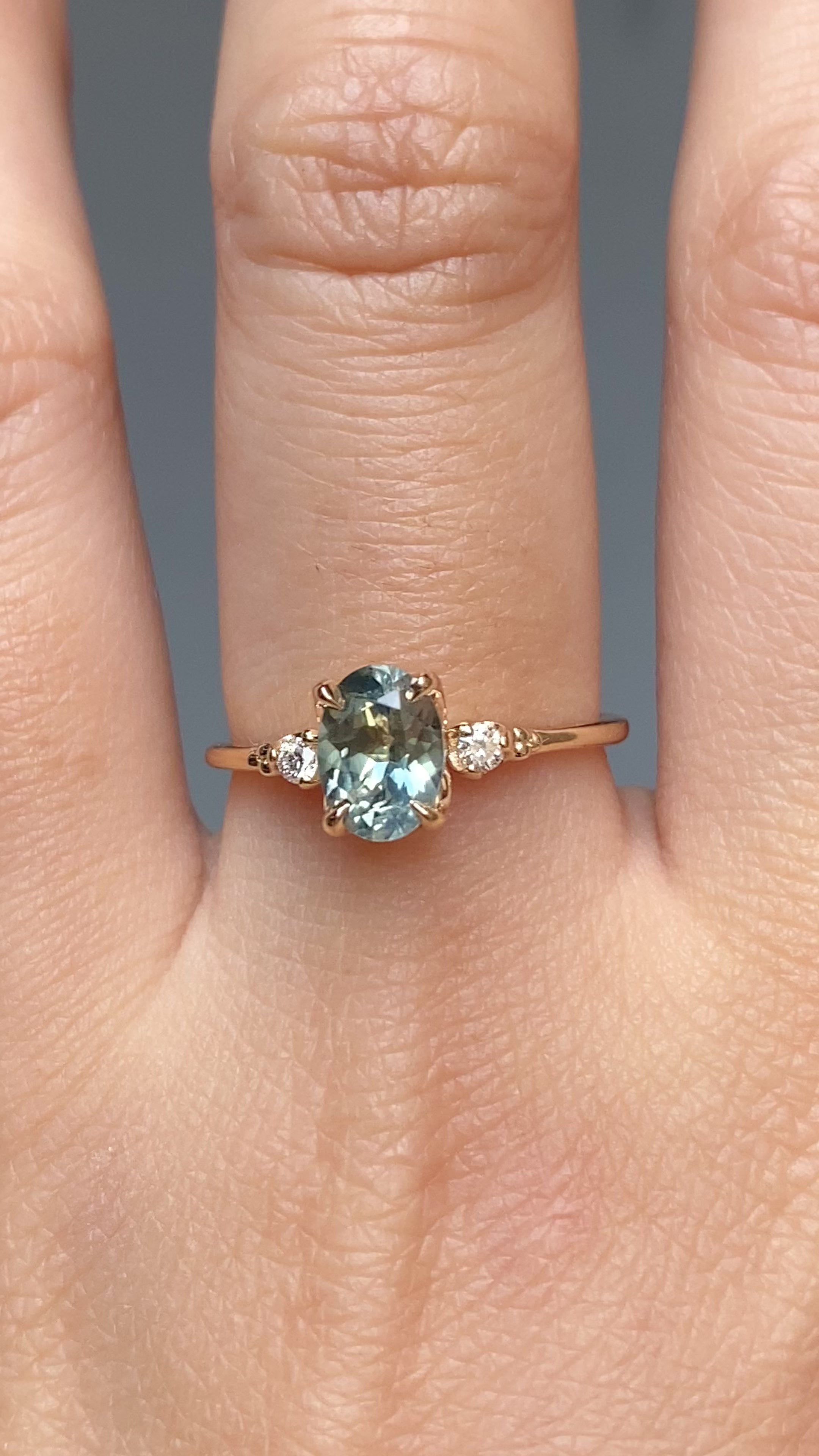 Estel Ring 1.28ct Light Parti Blue Green Oval Montana Sapphire, 14K Yellow Gold (One of a kind)