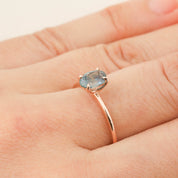 Sara Ring with 1.00ct teal blue Montana sapphire set in 14k rose gold on finger, size 7 re-sizable 4-8.5