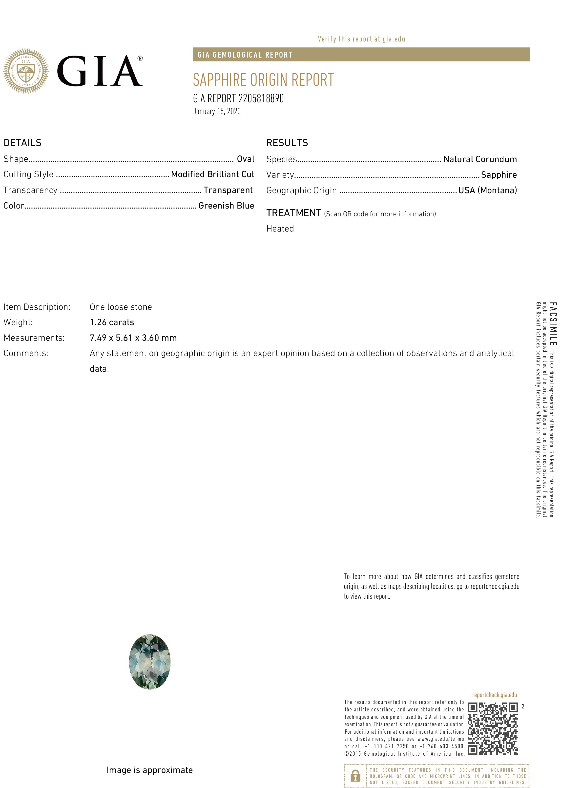 GIA certified 1.26ct greenish blue Montana sapphire oval loose stone with modified brilliant cut detailed report.