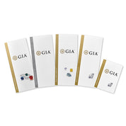 Set of five GIA gemstone and diamond grading certificates for jewelry authentication and quality verification.