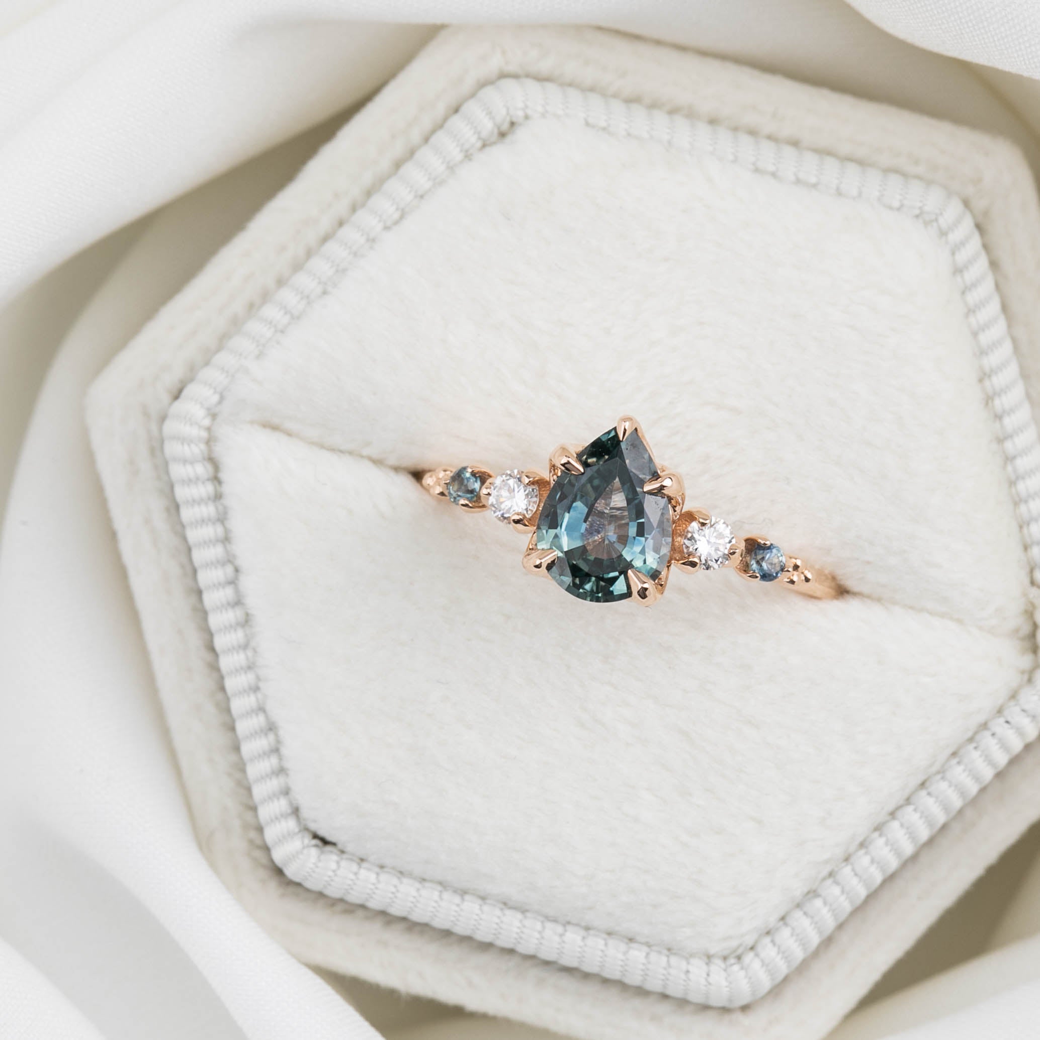 Estel Fleur Ring, 1.13ct Light Blue Green Pear Montana Sapphire, 14K Rose Gold (One of a kind)