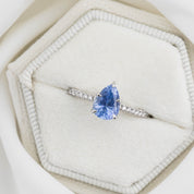 Maria Ring 1.73ct pear cut Ceylon blue sapphire with accent diamonds in recycled 14K white gold, one of a kind design.