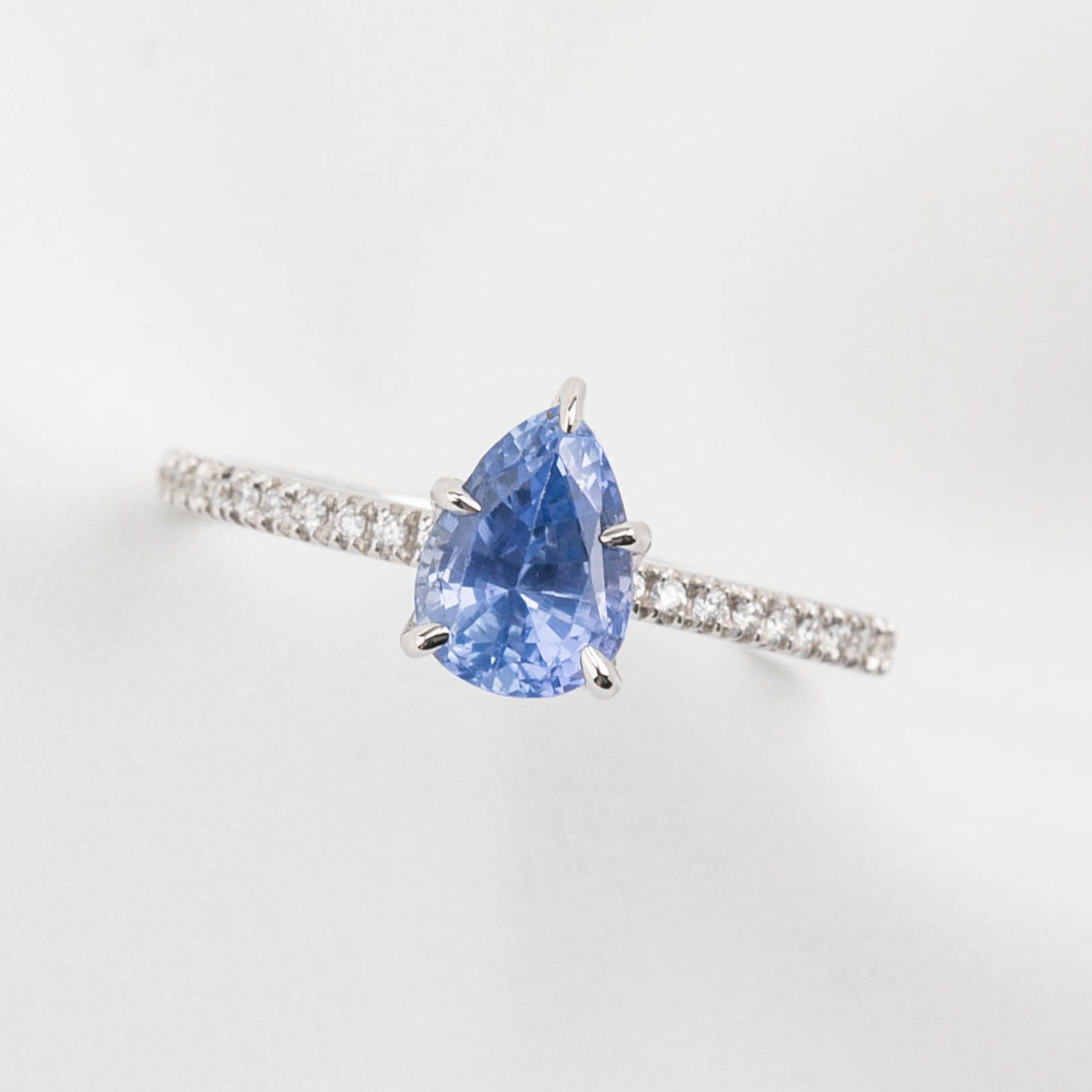 Maria Ring 1.73ct pear cut Ceylon blue sapphire with natural diamonds in 14K white gold, handmade and ethically sourced