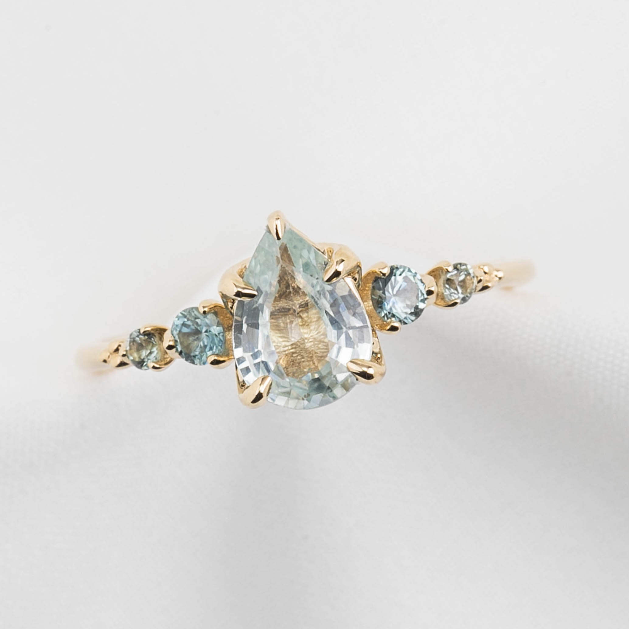 Estel Fleur Ring, 1.1ct Light Green Pear Madagascar Sapphire, 14K Yellow Gold (One of a kind)