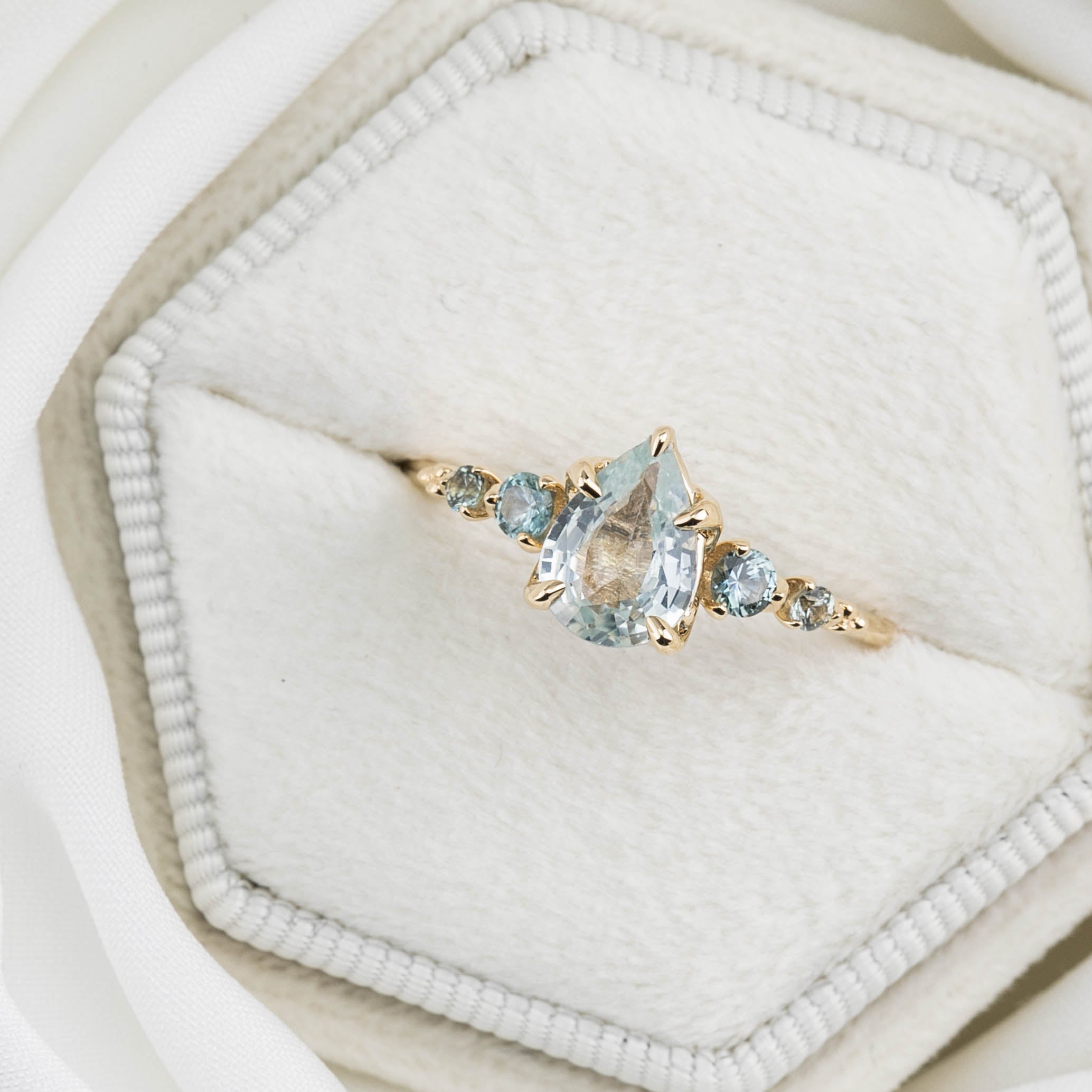 Estel Fleur Ring, 1.1ct Light Green Pear Madagascar Sapphire, 14K Yellow Gold (One of a kind)