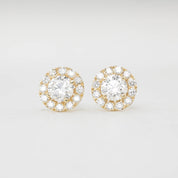 Halo Diamond Stud Earrings - GIA certified G Color SI Clarity Round Brilliant Excellent Cut Diamond, 14k yellow gold
