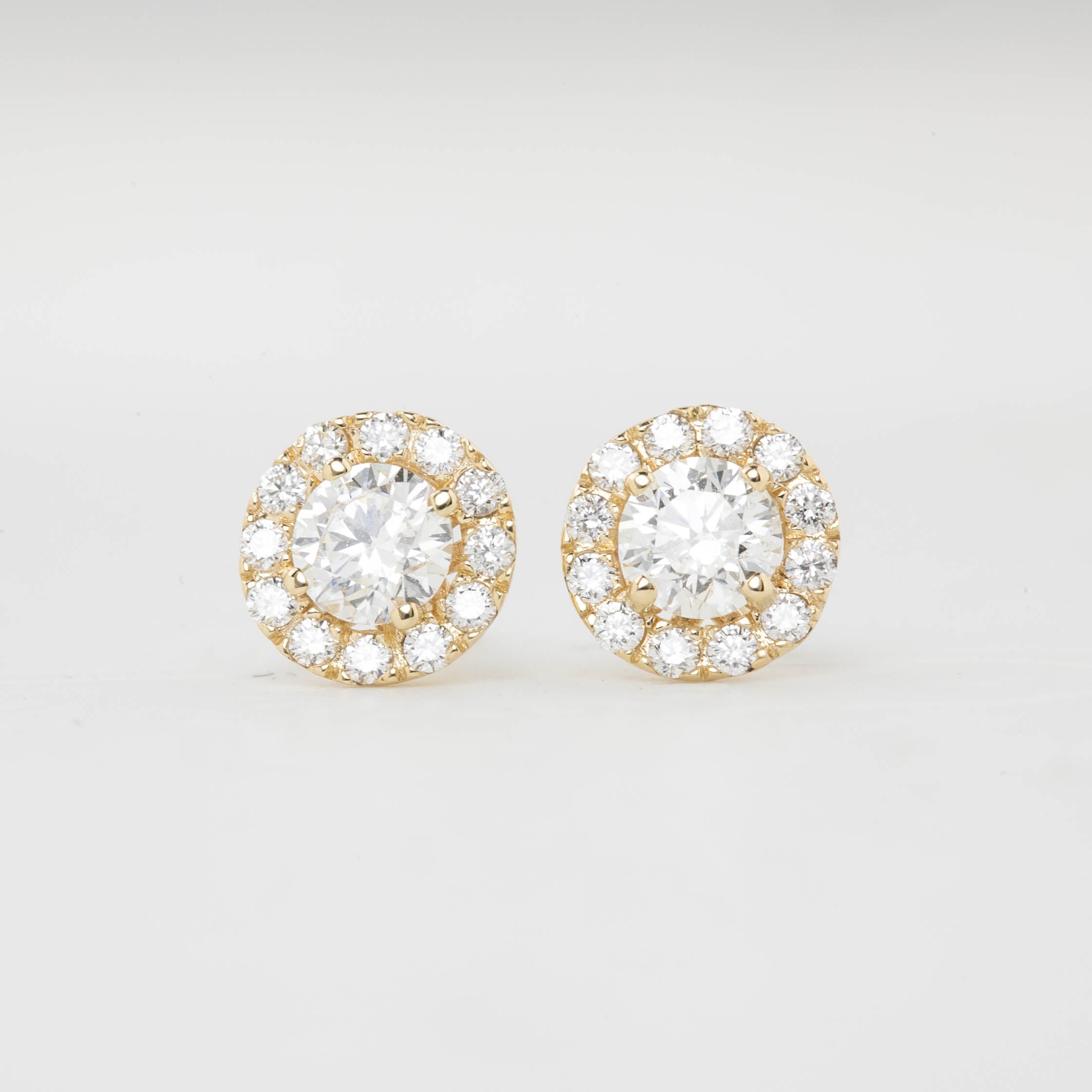 Halo Diamond Stud Earrings - GIA certified G Color SI Clarity Round Brilliant Excellent Cut Diamond, 14k yellow gold