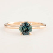 0.96ct blue-green Queensland sapphire solitaire ring in 14k rose gold with a tapered band, size 7 ready to ship.