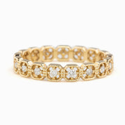 Gold milgrain square eternity ring with natural white diamonds set in intricate vintage design band