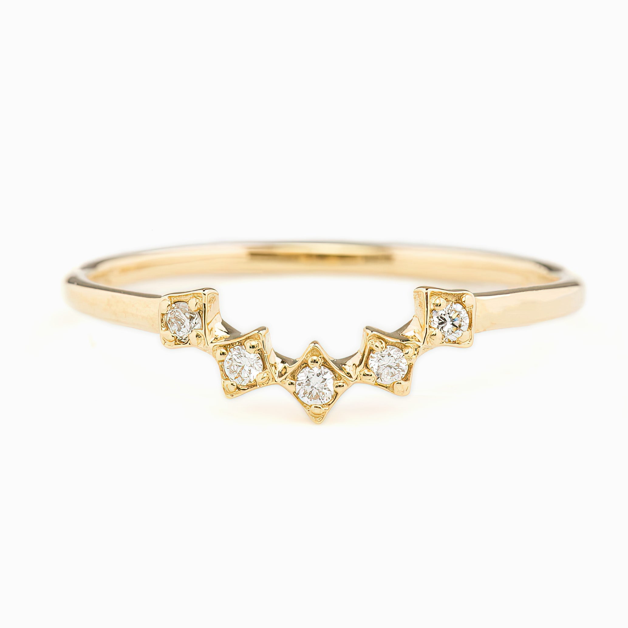 Gold star tiara ring with natural white diamonds, V-shaped band, ethically sourced solid gold jewelry piece.