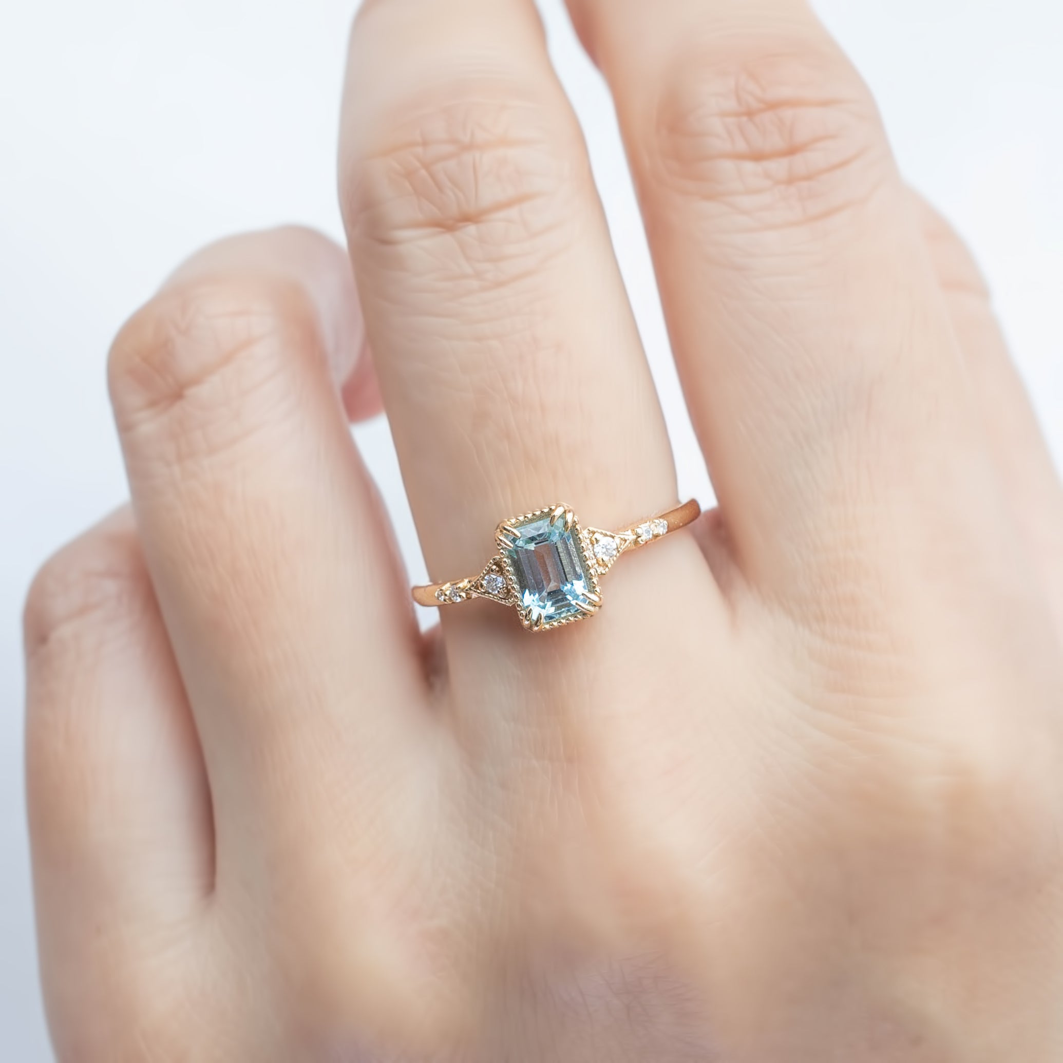 Agatha Ring 0.60ct Emerald Cut Aquamarine, 14k Yellow Gold