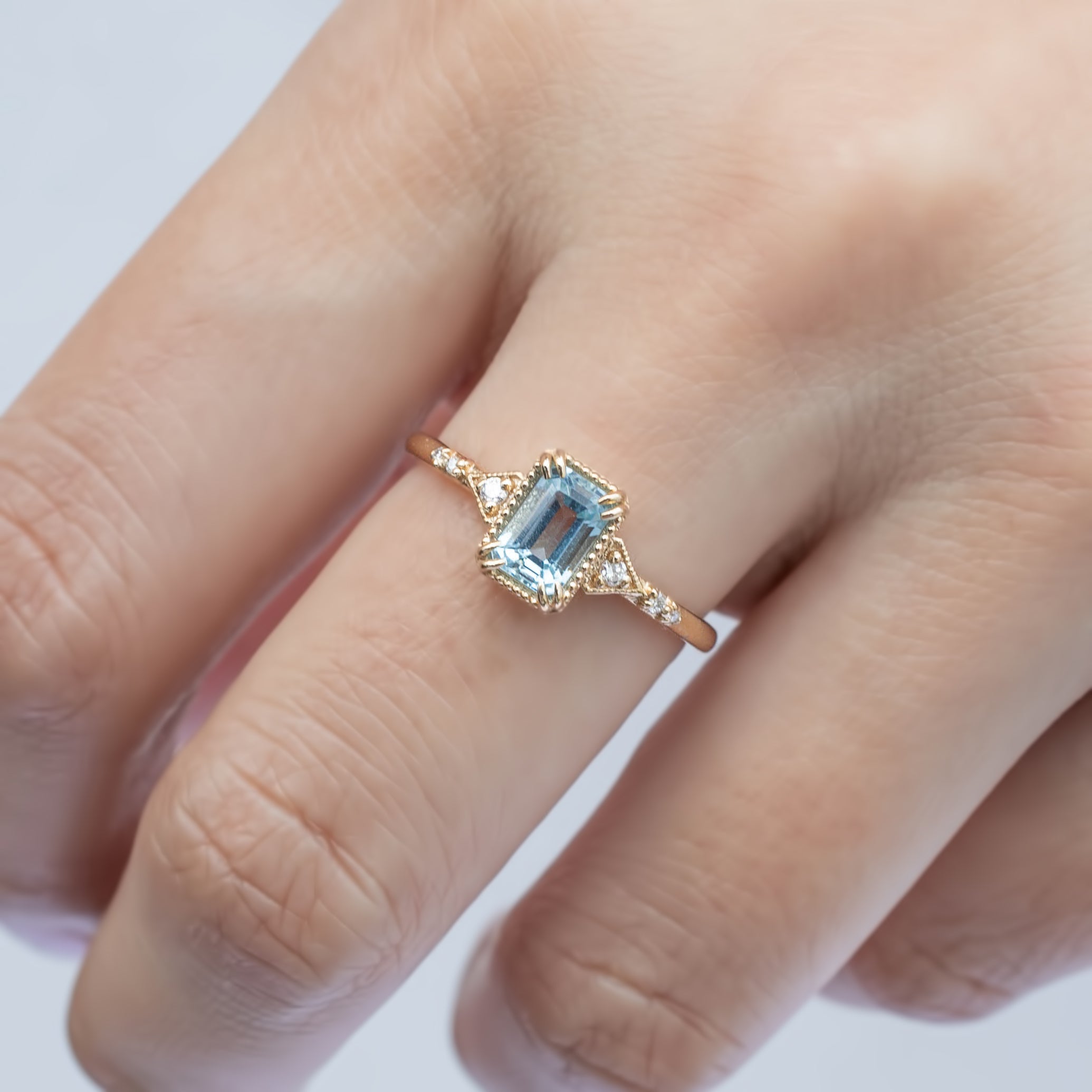 Agatha Ring 0.60ct Emerald Cut Aquamarine, 14k Yellow Gold