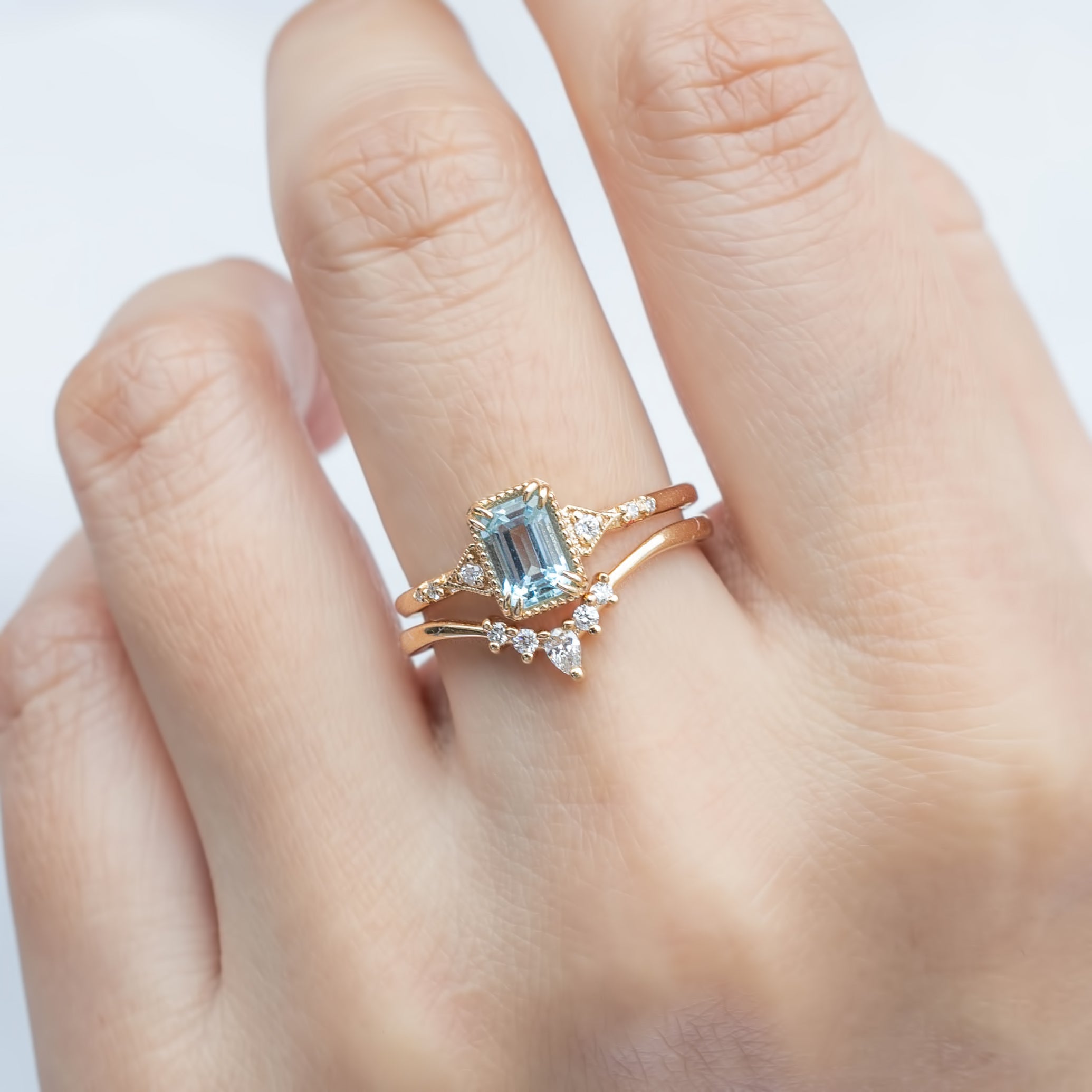 Agatha Ring 0.60ct Emerald Cut Aquamarine, 14k Yellow Gold with Gloria petite ring