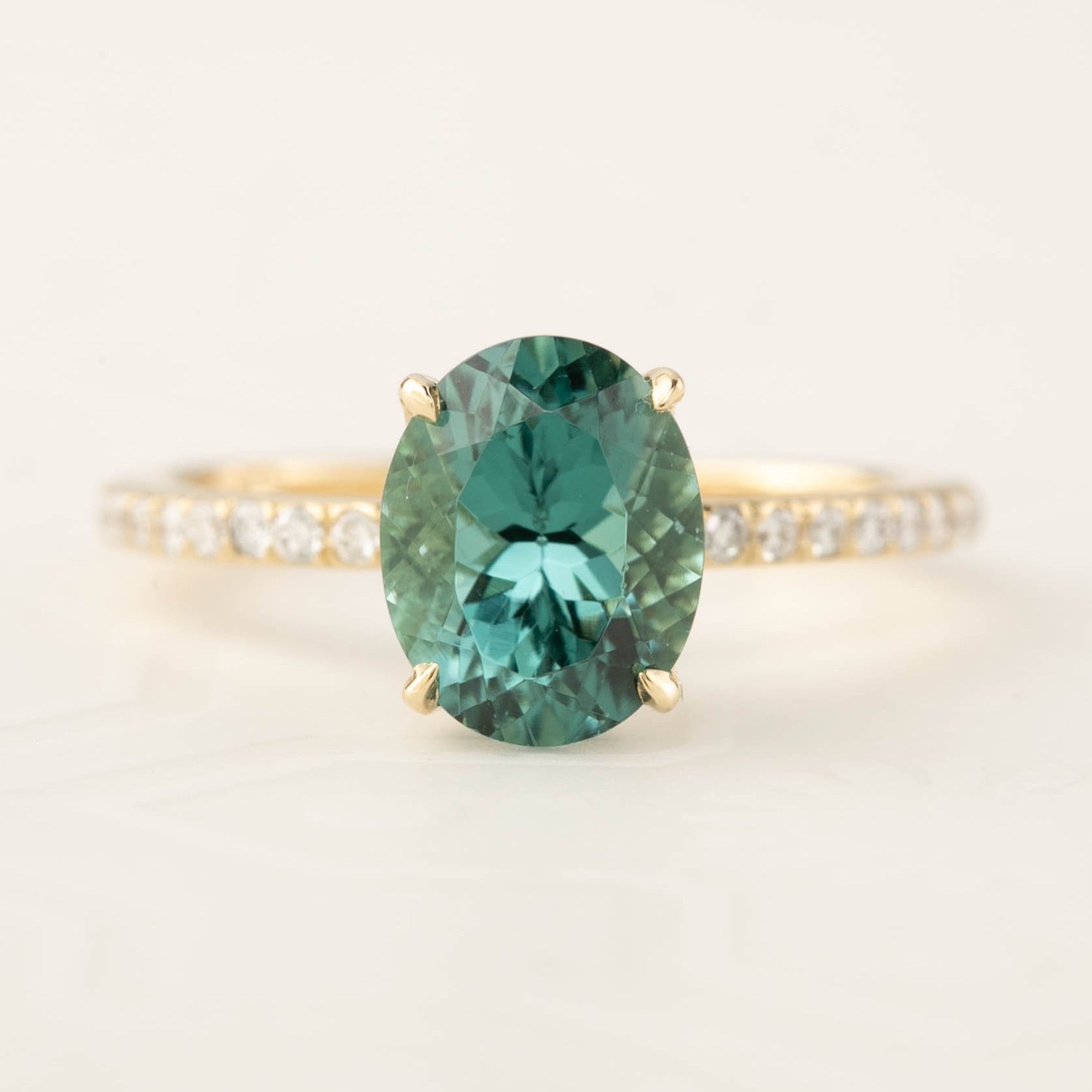Maria Ring with 2.47ct Namibian green tourmaline and diamond accents in 14k recycled yellow gold, handmade and ethically sourced