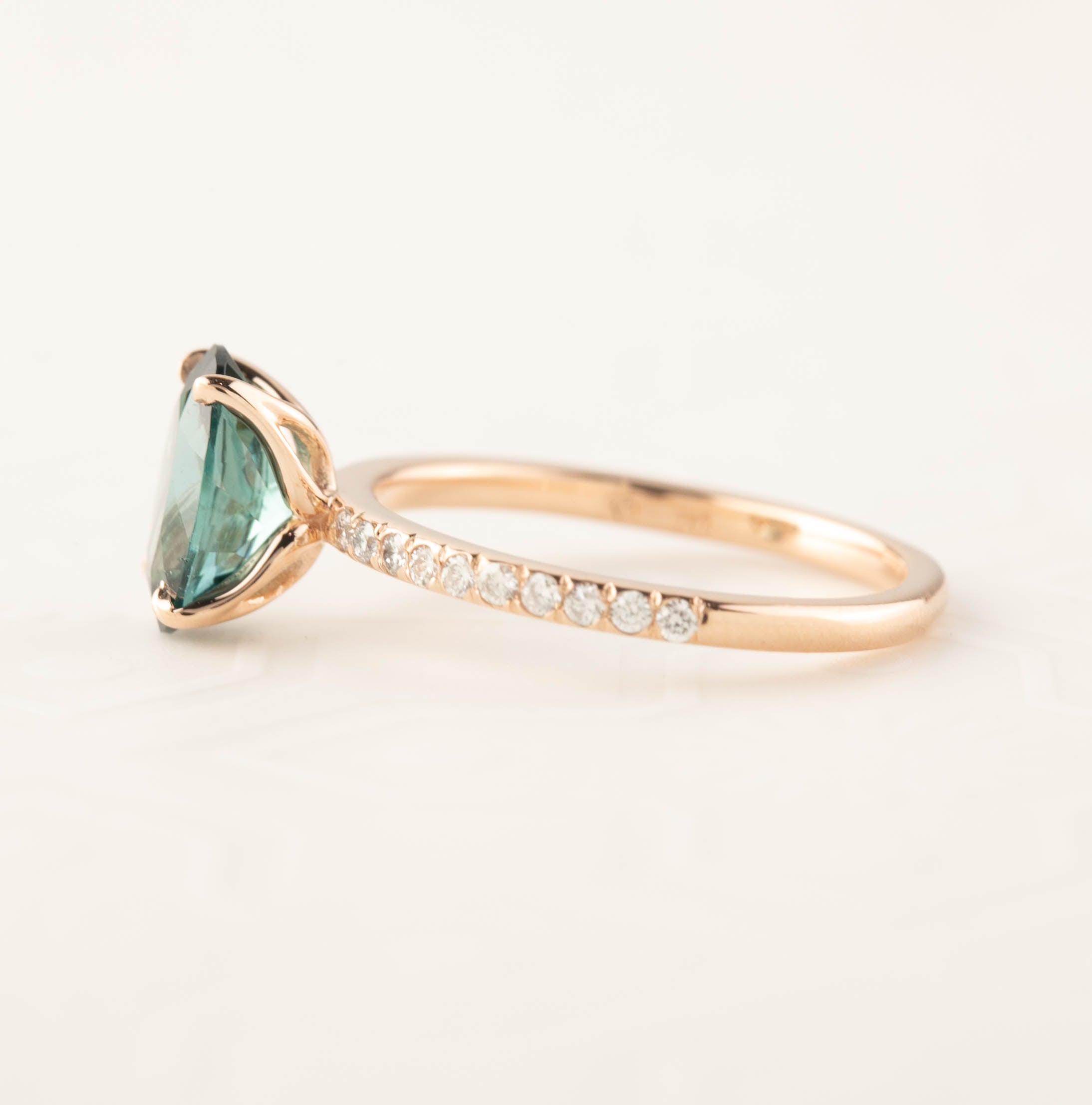 Maria Ring with 1.8ct Namibian Green Tourmaline in 14k rose gold, handmade and ethically sourced gemstone ring
