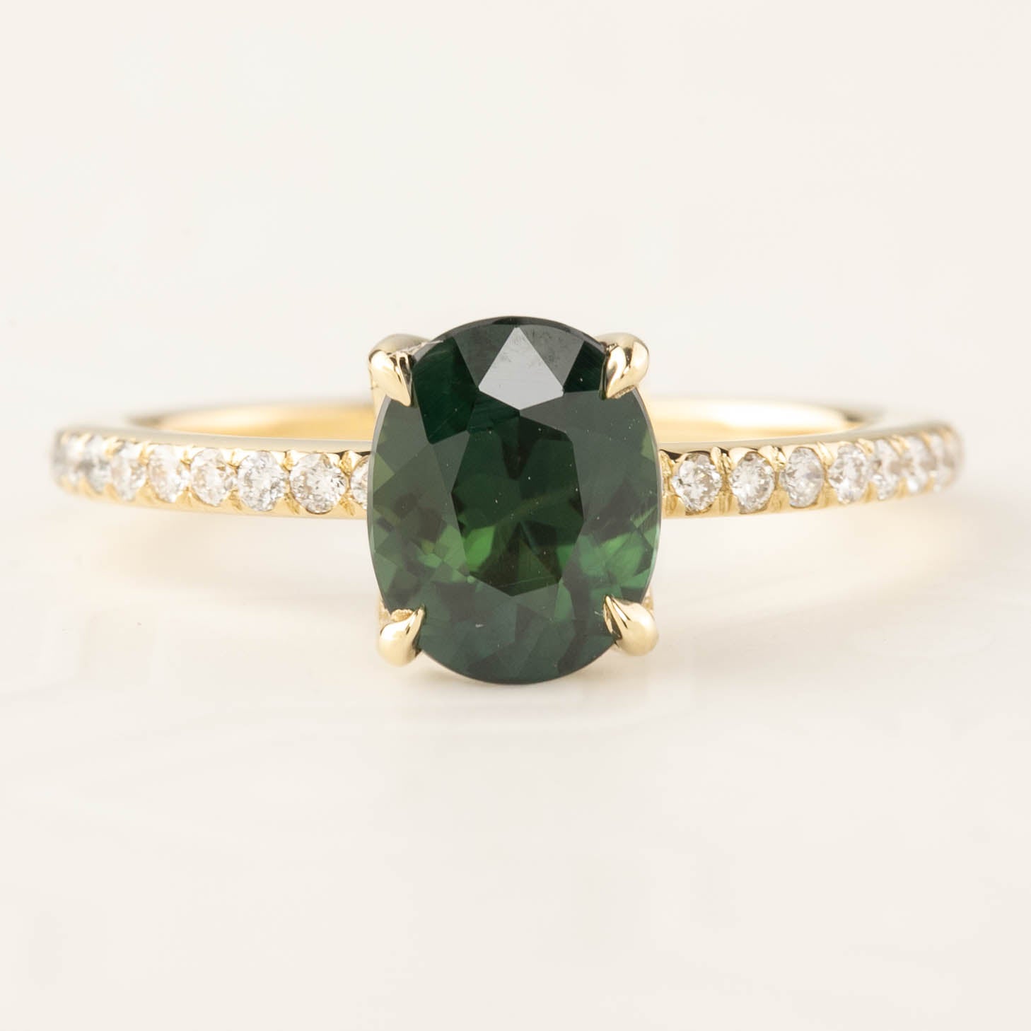 Maria Ring 1.65ct peacock green oval sapphire with natural diamonds set in recycled 14k yellow gold, one of a kind ring