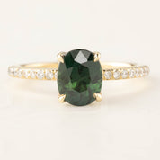 Maria Ring 1.65ct peacock green oval sapphire with natural diamonds set in recycled 14k yellow gold, one of a kind ring