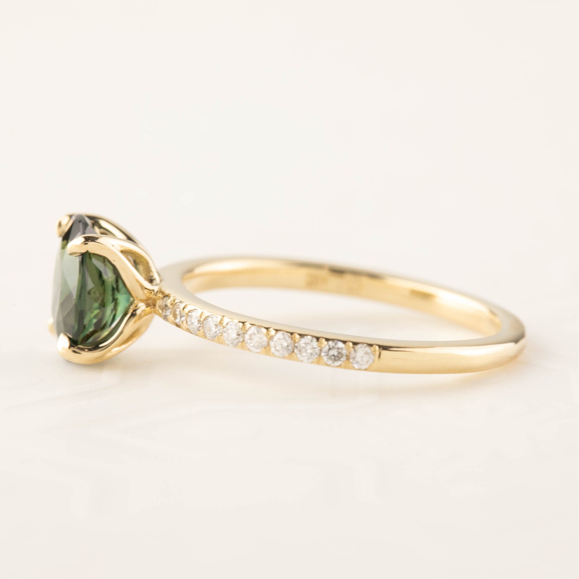 Maria Ring 1.65ct Peacock Green Sri Lankan Oval Sapphire with diamond accents in 14k yellow gold, handmade and one of a kind