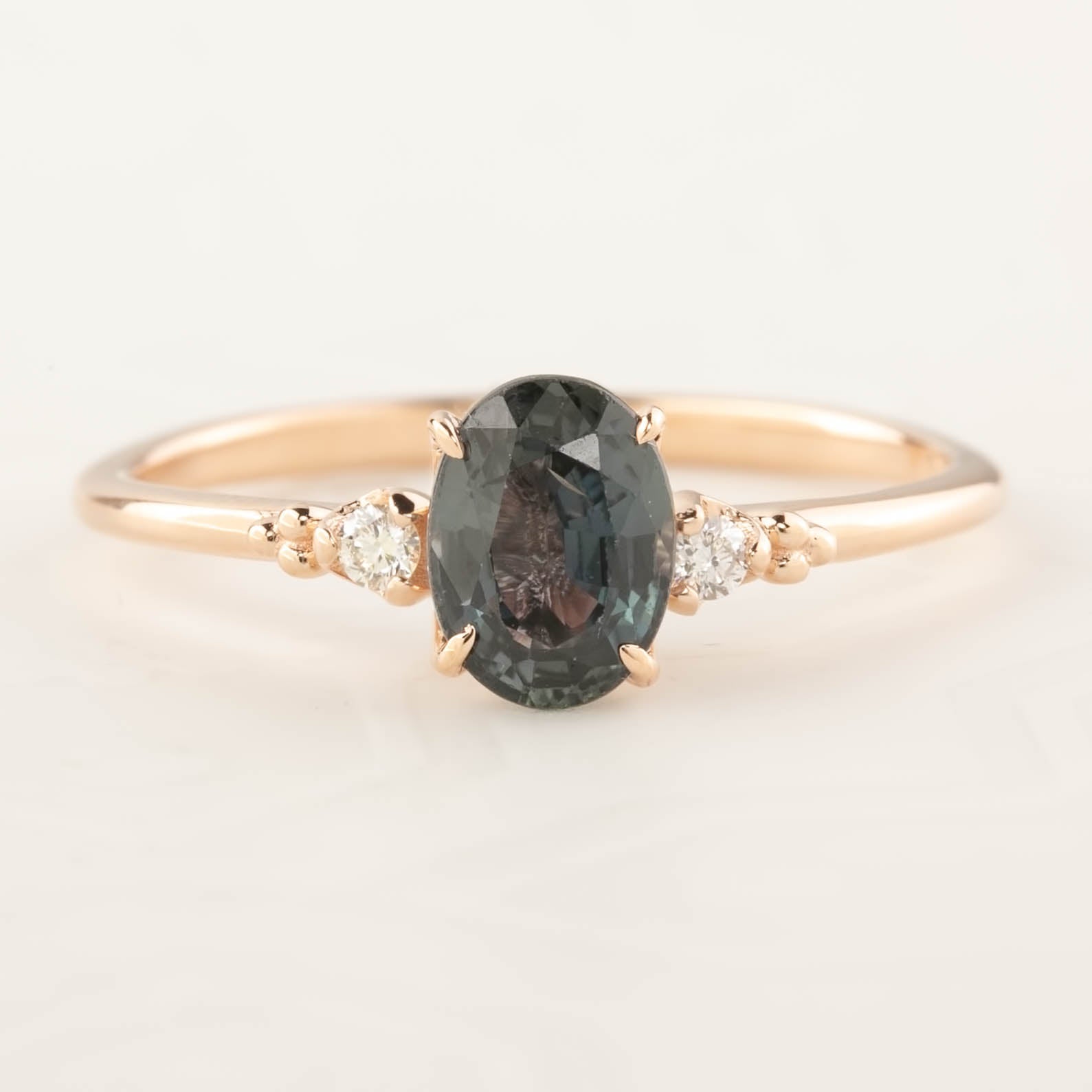 Estel Ring with 1.05ct green sapphire and white diamond accents in recycled 14k rose gold, handmade and one of a kind.