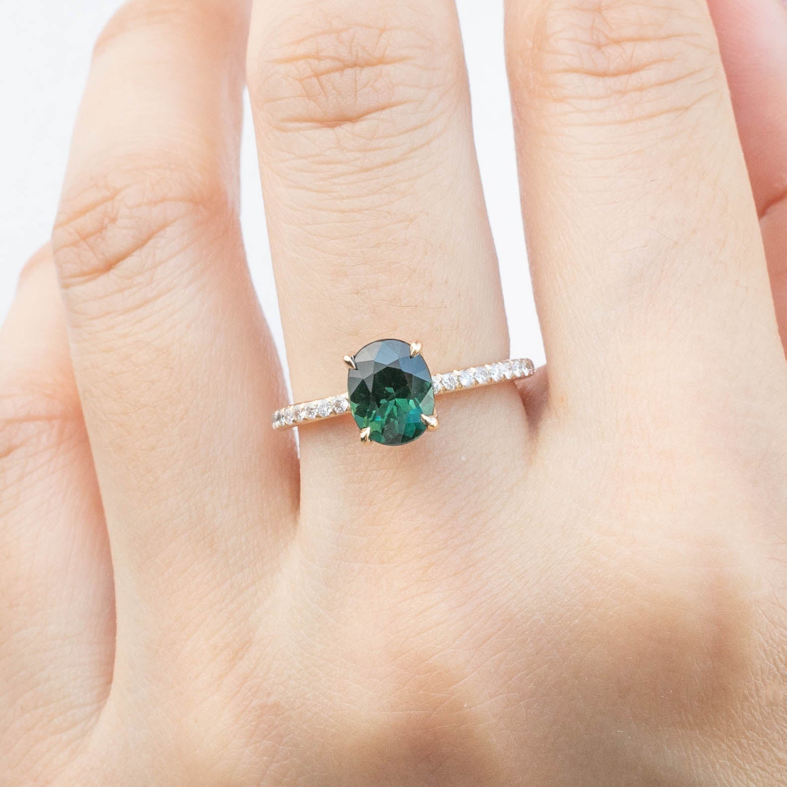Maria Ring 1.65ct Peacock Green Sri Lankan Sapphire in 14k yellow gold with diamonds, handmade and ethically sourced