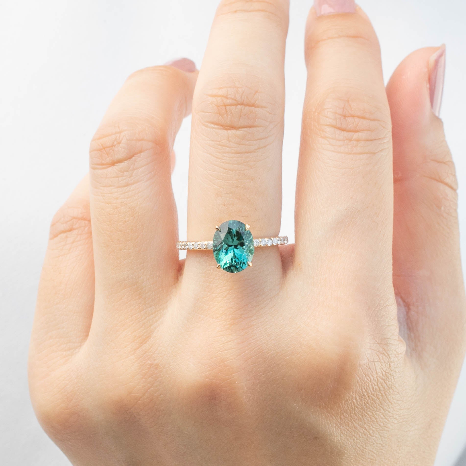 Maria Ring with 2.47ct Namibian green tourmaline and diamond accents, handmade with ethically sourced materials.