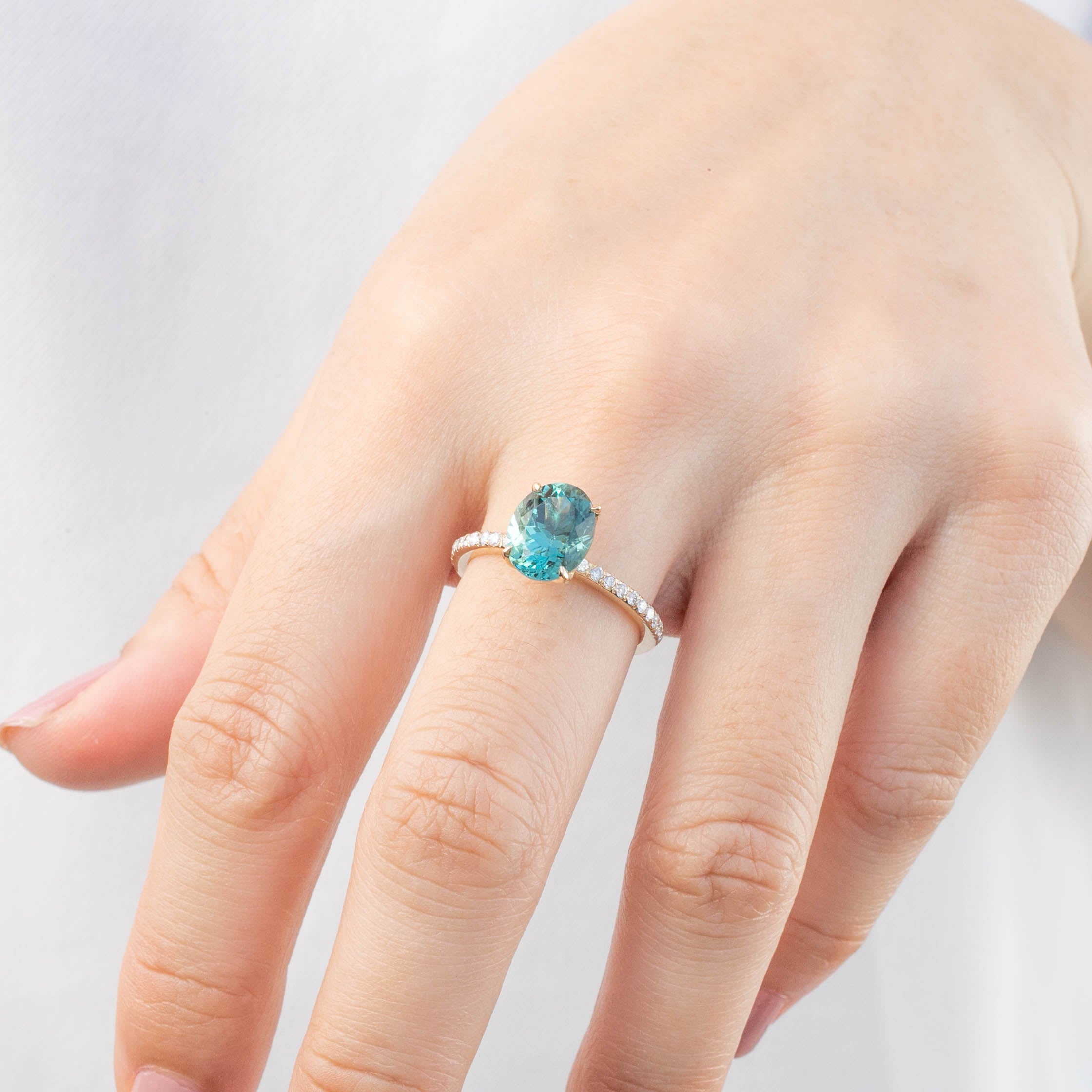 Maria Ring with 2.47ct Namibian green tourmaline and diamond pave band, handmade and ethically sourced by Envero Jewelry