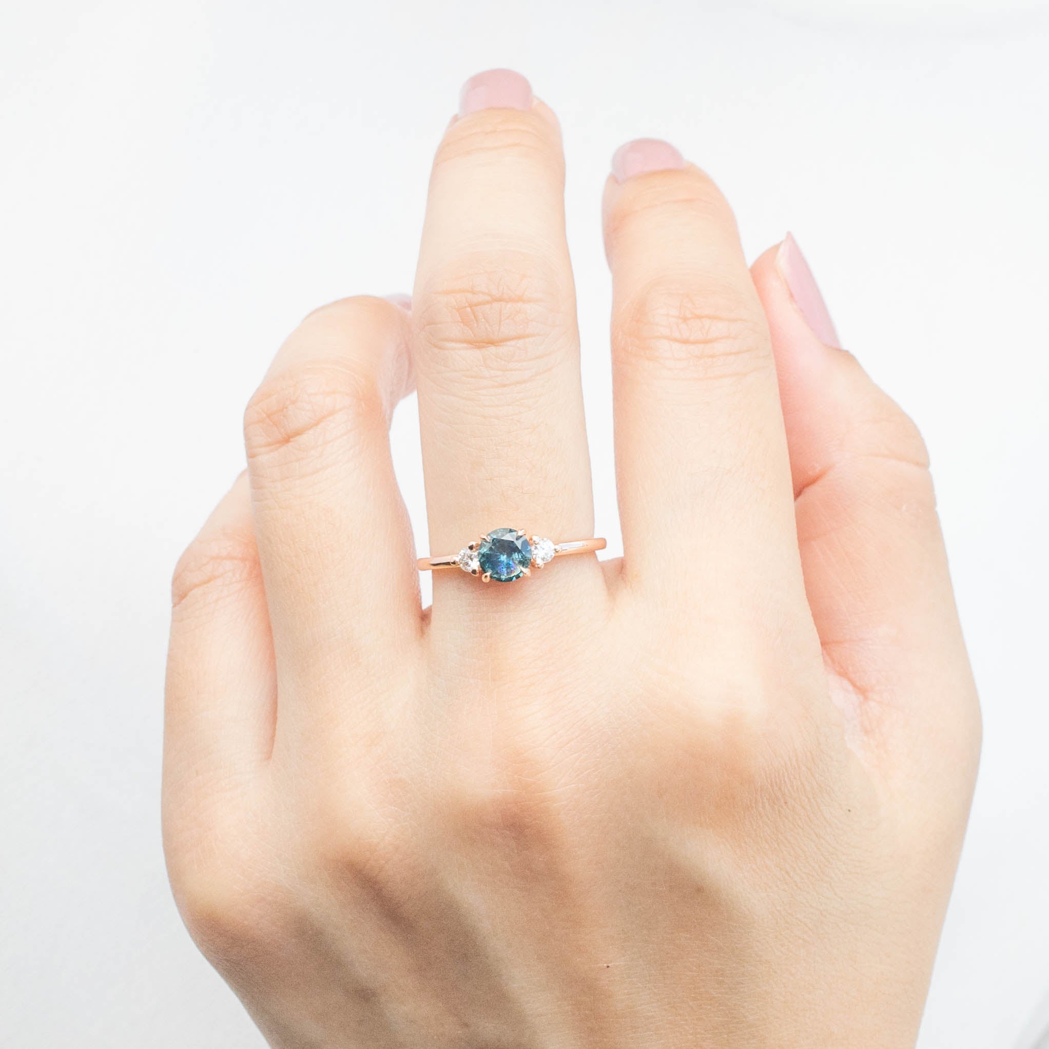 Emilie Ring with 0.66ct blue-green Montana sapphire and diamonds set in 14k rose gold, one of a kind handmade piece
