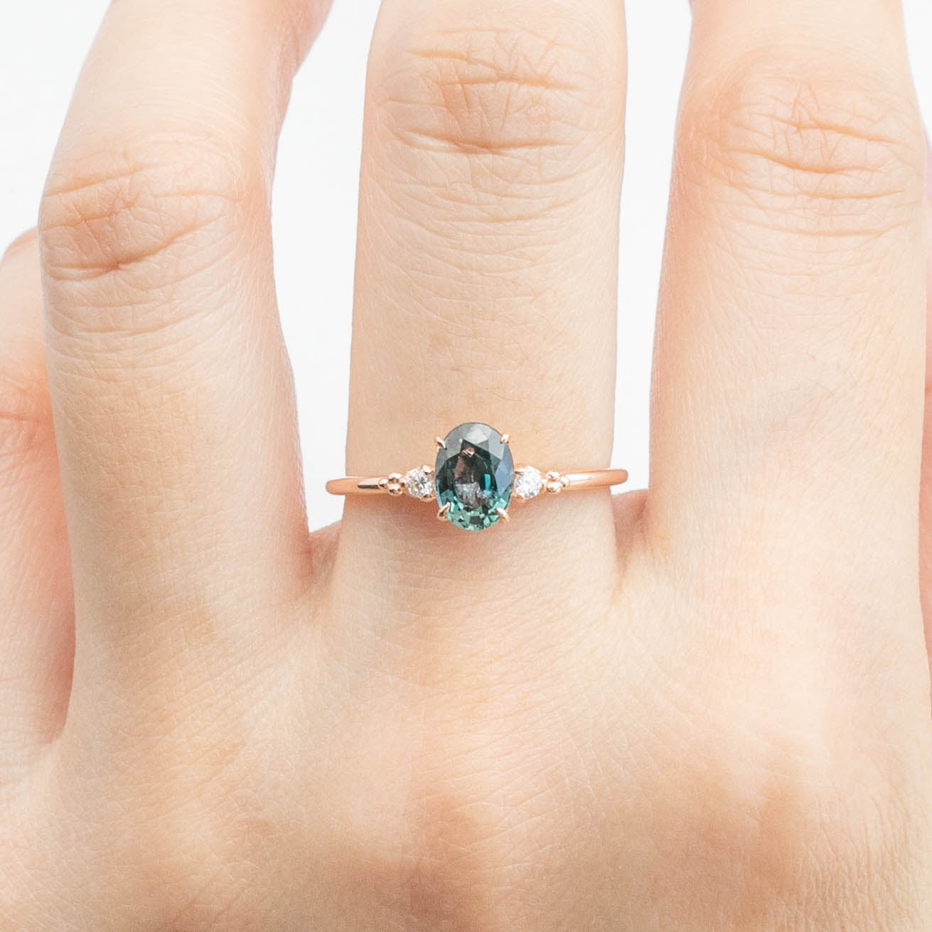 Estel Ring with 1.05ct green sapphire and diamonds in recycled 14k rose gold, one of a kind, handmade jewelry.