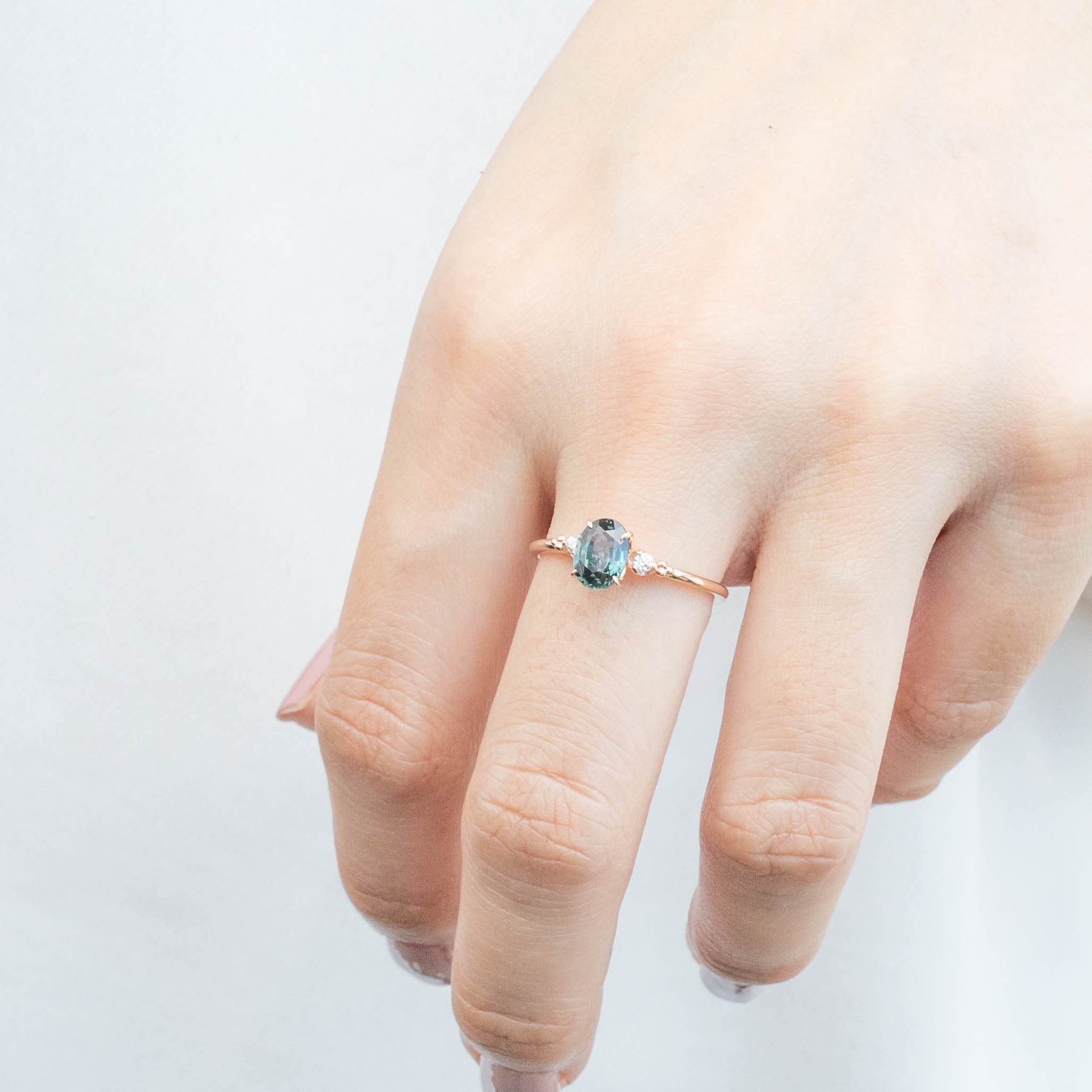 Estel Ring with 1.05ct green sapphire and diamonds set in recycled 14k rose gold, handmade and one of a kind
