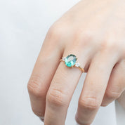 Handmade Emilie Ring with 2.09ct green tourmaline and moonstone set in recycled 14k yellow gold, one of a kind design.